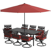 Hanover - Montclair 9pc: 8 Swivel Rockers, 42"x84" Dining Table, Umbrella, Base - Chili Red/Brown-United Backyard