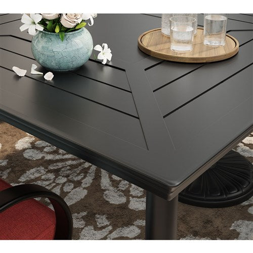 Hanover - Montclair 9pc: 8 Swivel Rockers, 42"x84" Dining Table, Umbrella, Base - Chili Red/Brown-United Backyard