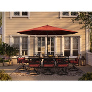 Hanover - Montclair 9pc: 8 Swivel Rockers, 42"x84" Dining Table, Umbrella, Base - Chili Red/Brown-United Backyard