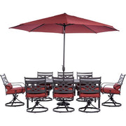 Hanover - Montclair 9pc: 8 Swivel Rockers, 42"x84" Dining Table, Umbrella, Base - Chili Red/Brown-United Backyard