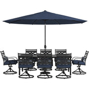 Hanover - Montclair 9pc: 8 Swivel Rockers, 42"x84" Dining Table, Umbrella, Base - Navy/Brown-United Backyard