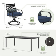 Hanover - Montclair 9pc: 8 Swivel Rockers, 42"x84" Dining Table, Umbrella, Base - Navy/Brown-United Backyard