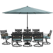 Hanover - Montclair 9pc: 8 Swivel Rockers, 42"x84" Dining Table, Umbrella, Base - Ocean Blue/Brown-United Backyard