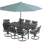 Hanover - Montclair 9pc: 8 Swivel Rockers, 42"x84" Dining Table, Umbrella, Base - Ocean Blue/Brown-United Backyard