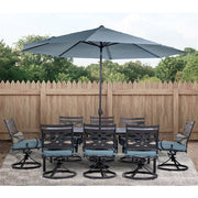 Hanover - Montclair 9pc: 8 Swivel Rockers, 42"x84" Dining Table, Umbrella, Base - Ocean Blue/Brown-United Backyard