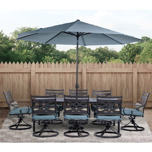 Hanover - Montclair 9pc: 8 Swivel Rockers, 42"x84" Dining Table, Umbrella, Base - Ocean Blue/Brown-United Backyard