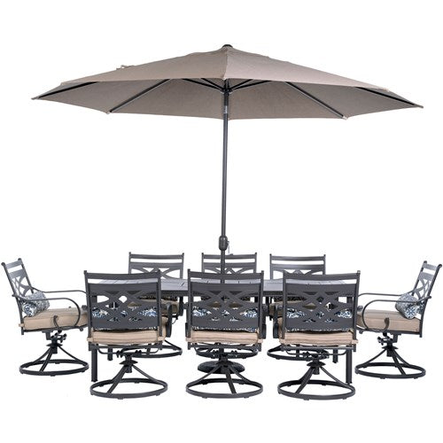 Hanover - Montclair 9pc: 8 Swivel Rockers, 42"x84" Dining Table, Umbrella, Base - Tan/Brown-United Backyard