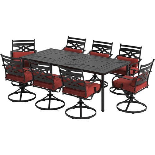 Hanover - Montclair 9pc: 8 Swivel Rockers, 42"x84" Rectangle Dining Table - Chili Red/Brown-United Backyard
