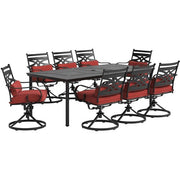 Hanover - Montclair 9pc: 8 Swivel Rockers, 42"x84" Rectangle Dining Table - Chili Red/Brown-United Backyard