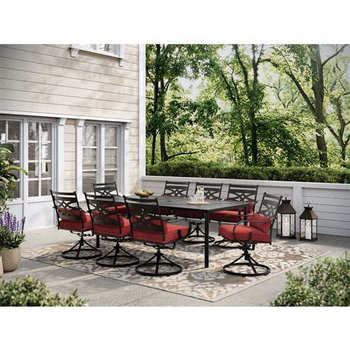 Hanover - Montclair 9pc: 8 Swivel Rockers, 42"x84" Rectangle Dining Table - Chili Red/Brown-United Backyard