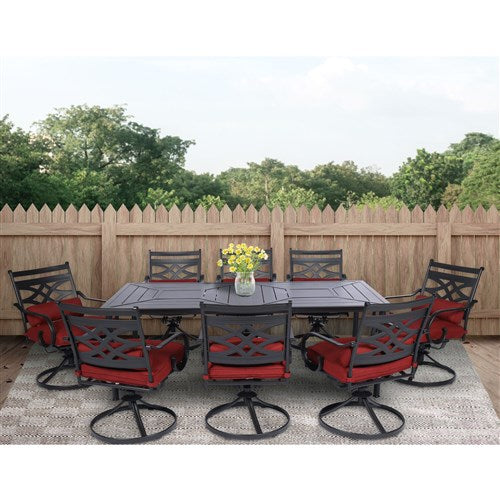 Hanover - Montclair 9pc: 8 Swivel Rockers, 42"x84" Rectangle Dining Table - Chili Red/Brown-United Backyard