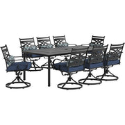Hanover - Montclair 9pc: 8 Swivel Rockers, 42"x84" Rectangle Dining Table - Navy/Brown-United Backyard