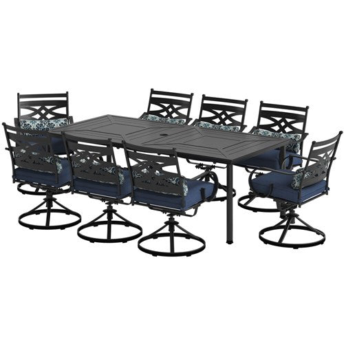 Hanover - Montclair 9pc: 8 Swivel Rockers, 42"x84" Rectangle Dining Table - Navy/Brown-United Backyard