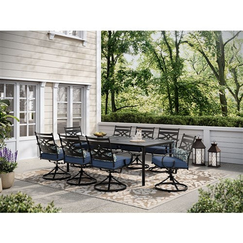 Hanover - Montclair 9pc: 8 Swivel Rockers, 42"x84" Rectangle Dining Table - Navy/Brown-United Backyard