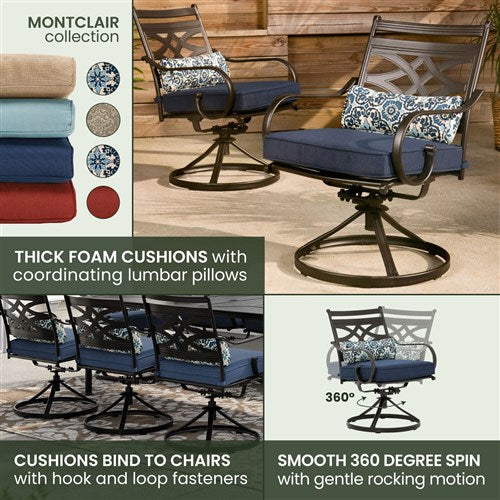 Hanover - Montclair 9pc: 8 Swivel Rockers, 42"x84" Rectangle Dining Table - Navy/Brown-United Backyard