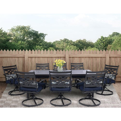 Hanover - Montclair 9pc: 8 Swivel Rockers, 42"x84" Rectangle Dining Table - Navy/Brown-United Backyard