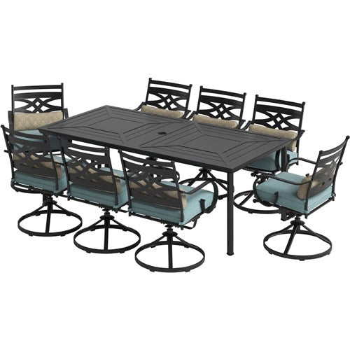 Hanover - Montclair 9pc: 8 Swivel Rockers, 42"x84" Rectangle Dining Table - Ocean Blue/Brown-United Backyard