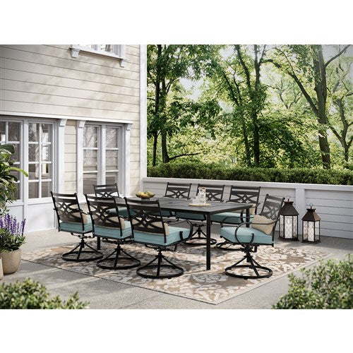 Hanover - Montclair 9pc: 8 Swivel Rockers, 42"x84" Rectangle Dining Table - Ocean Blue/Brown-United Backyard