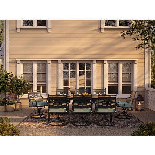 Hanover - Montclair 9pc: 8 Swivel Rockers, 42"x84" Rectangle Dining Table - Ocean Blue/Brown-United Backyard