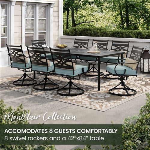 Hanover - Montclair 9pc: 8 Swivel Rockers, 42"x84" Rectangle Dining Table - Ocean Blue/Brown-United Backyard