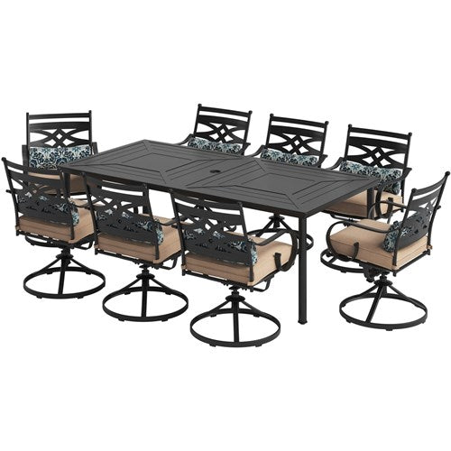 Hanover - Montclair 9pc: 8 Swivel Rockers, 42"x84" Rectangle Dining Table - Tan/Brown-United Backyard