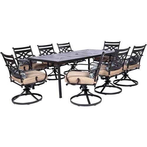 Hanover - Montclair 9pc: 8 Swivel Rockers, 42"x84" Rectangle Dining Table - Tan/Brown-United Backyard