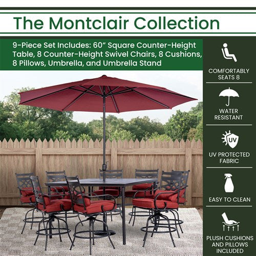 Hanover - Montclair 9pc High Dining: 8 Swivel Chairs, 60" High Table, Umbrella & Base - Chili Red/Brown-United Backyard
