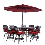 Hanover - Montclair 9pc High Dining: 8 Swivel Chairs, 60" High Table, Umbrella & Base - Chili Red/Brown-United Backyard