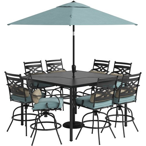 Hanover - Montclair 9pc High Dining: 8 Swivel Chairs, 60" High Table, Umbrella & Base - Ocean Blue/Brown-United Backyard