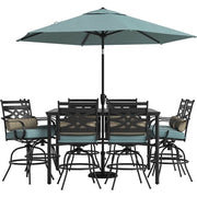 Hanover - Montclair 9pc High Dining: 8 Swivel Chairs, 60" High Table, Umbrella & Base - Ocean Blue/Brown-United Backyard