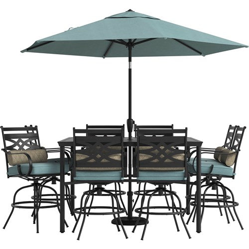 Hanover - Montclair 9pc High Dining: 8 Swivel Chairs, 60" High Table, Umbrella & Base - Ocean Blue/Brown-United Backyard
