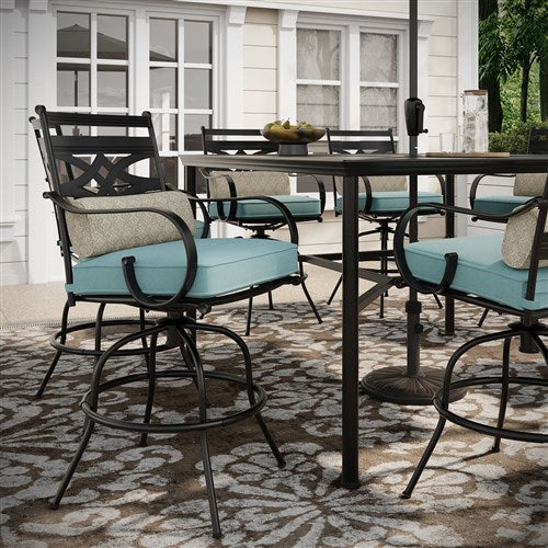 Hanover - Montclair 9pc High Dining: 8 Swivel Chairs, 60" High Table, Umbrella & Base - Ocean Blue/Brown-United Backyard