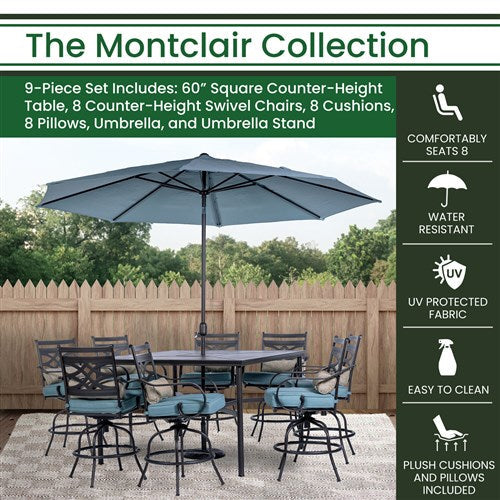 Hanover - Montclair 9pc High Dining: 8 Swivel Chairs, 60" High Table, Umbrella & Base - Ocean Blue/Brown-United Backyard