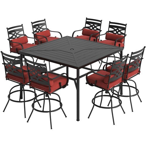 Hanover - Montclair 9pc High Dining: 8 Swivel Chairs, 60" Square High Table - Chili Red/Brown-United Backyard