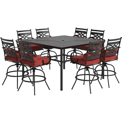 Hanover - Montclair 9pc High Dining: 8 Swivel Chairs, 60" Square High Table - Chili Red/Brown-United Backyard