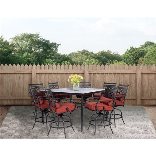 Hanover - Montclair 9pc High Dining: 8 Swivel Chairs, 60" Square High Table - Chili Red/Brown-United Backyard