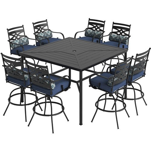 Hanover - Montclair 9pc High Dining: 8 Swivel Chairs, 60" Square High Table - Navy/Brown-United Backyard