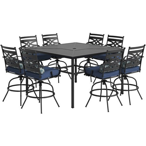 Hanover - Montclair 9pc High Dining: 8 Swivel Chairs, 60" Square High Table - Navy/Brown-United Backyard