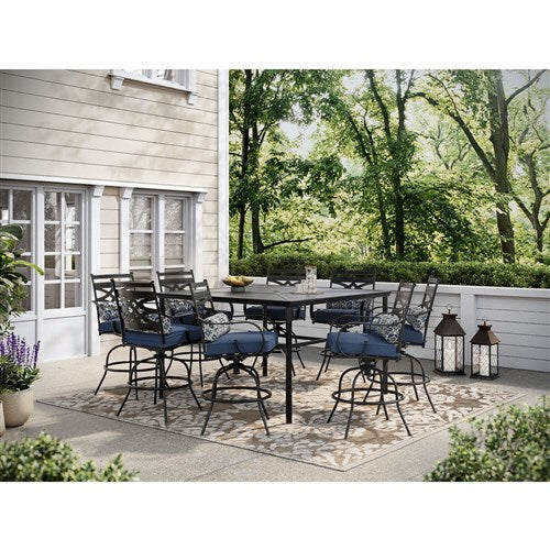 Hanover - Montclair 9pc High Dining: 8 Swivel Chairs, 60" Square High Table - Navy/Brown-United Backyard