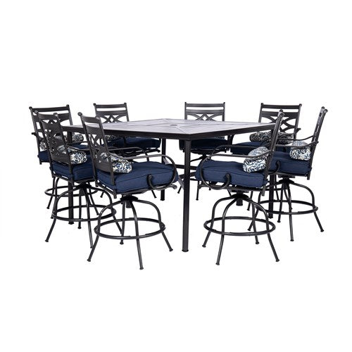 Hanover - Montclair 9pc High Dining: 8 Swivel Chairs, 60" Square High Table - Navy/Brown-United Backyard