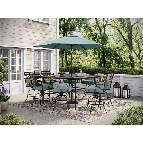 Hanover - Montclair 9pc High Dining: 8 Swivel Chairs, 60" Square High Table - Ocean Blue/Brown-United Backyard