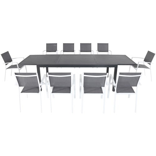 Hanover - Naples 11pc: 10 Aluminum Sling Chairs, Aluminum Extension Table - White/Gray-United Backyard