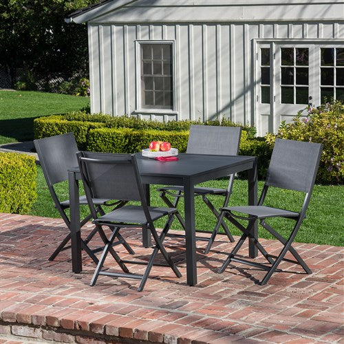 Hanover - Naples 5pc: 4 Aluminum Sling Folding Chairs, 38" Square Slat Top Table - Gray/Gray-United Backyard