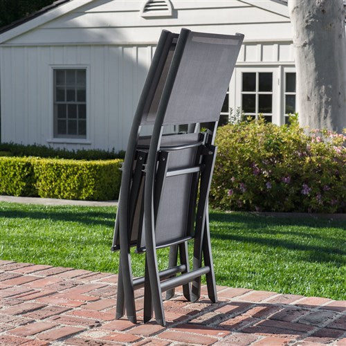 Hanover - Naples 5pc: 4 Aluminum Sling Folding Chairs, 38" Square Slat Top Table - Gray/Gray-United Backyard