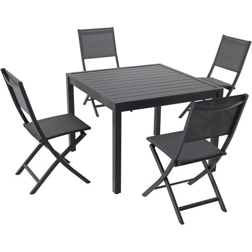 Hanover - Naples 5pc: 4 Aluminum Sling Folding Chairs, 38" Square Slat Top Table - Gray/Gray-United Backyard