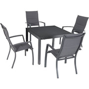 Hanover - Naples 5pc: 4 High Back Padded Sling Chairs, 38" Square Slat Top Table - Gray/Gray-United Backyard