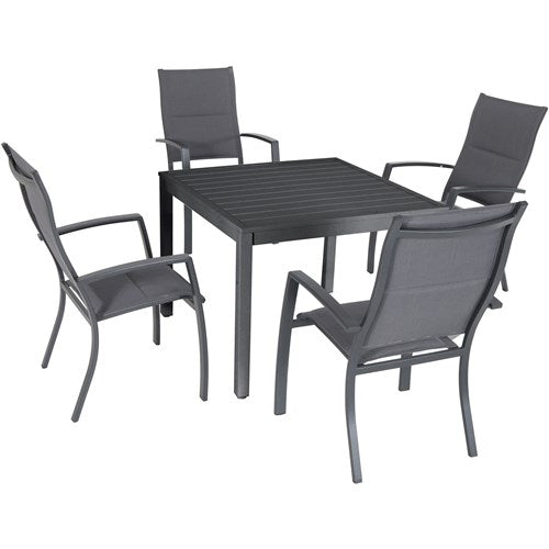 Hanover - Naples 5pc: 4 High Back Padded Sling Chairs, 38" Square Slat Top Table - Gray/Gray-United Backyard