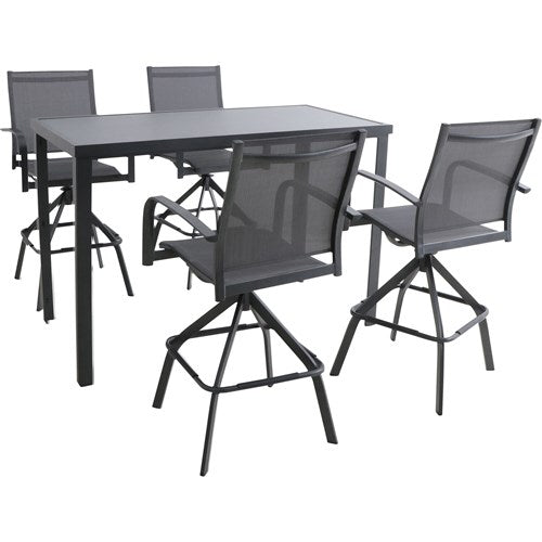 Hanover - Naples 5pc Bar Set: 4 Sling Bar Chairs and Glass Bar Table - Gray-United Backyard
