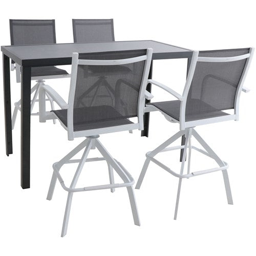 Hanover - Naples 5pc Bar Set: 4 Sling Bar Chairs and Glass Bar Table - White/Gray-United Backyard
