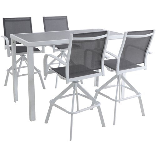 Hanover - Naples 5pc Bar Set: 4 Sling Bar Chairs and Glass Bar Table - White-United Backyard